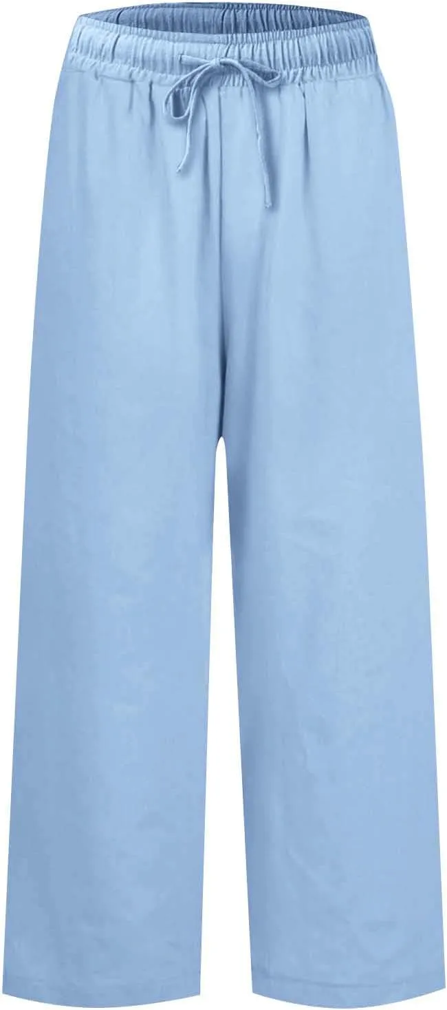 Womens Cotton Linen Pants Versatile Straight Leg Drawstring Strentch Waisted Solid Outdoor Trousers with Pockets
