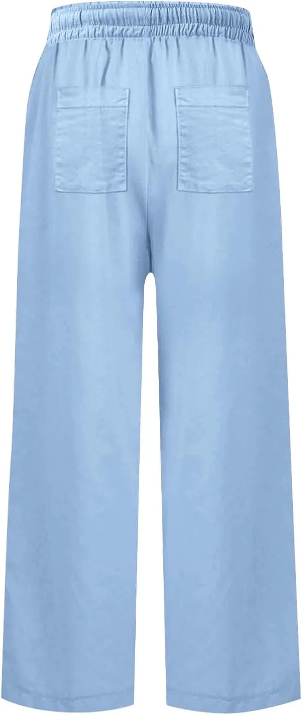 Womens Cotton Linen Pants Versatile Straight Leg Drawstring Strentch Waisted Solid Outdoor Trousers with Pockets