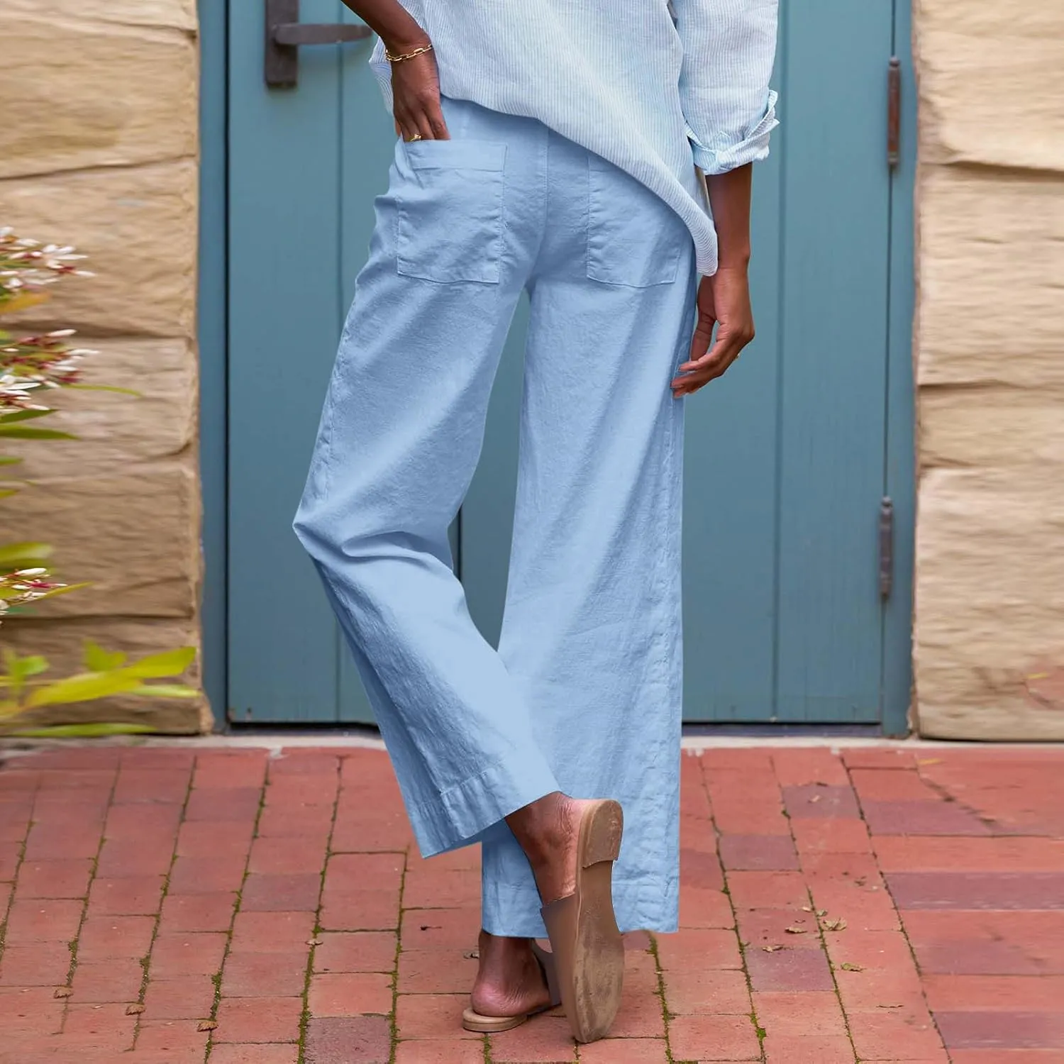 Womens Cotton Linen Pants Versatile Straight Leg Drawstring Strentch Waisted Solid Outdoor Trousers with Pockets