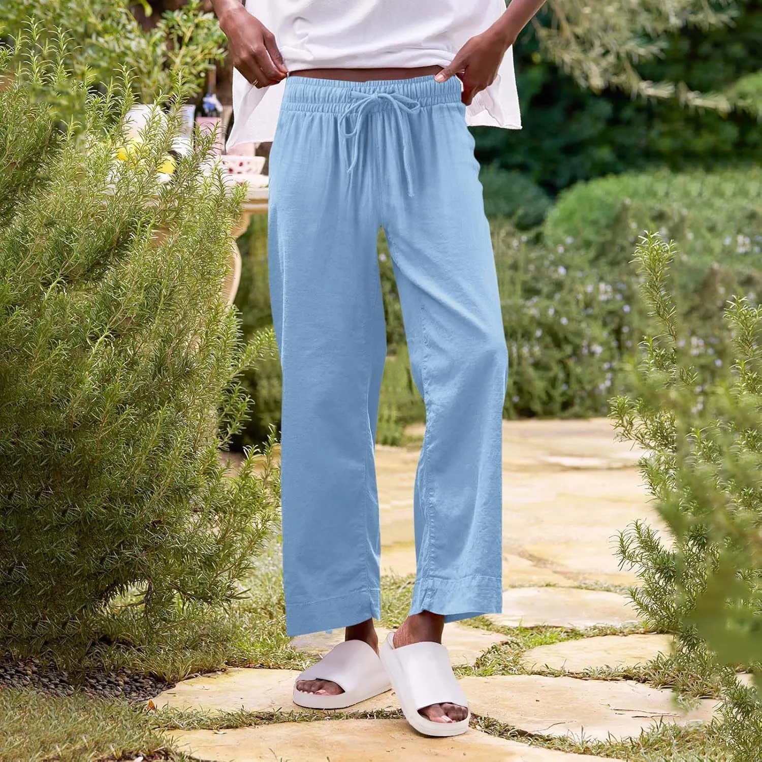 Womens Cotton Linen Pants Versatile Straight Leg Drawstring Strentch Waisted Solid Outdoor Trousers with Pockets