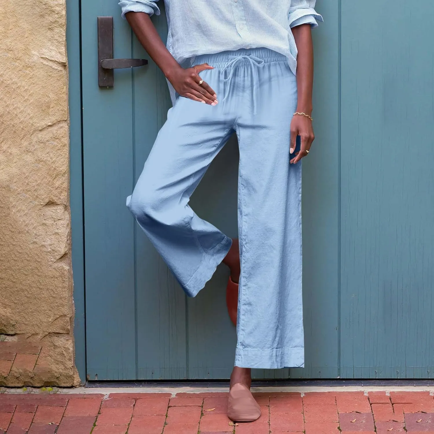 Womens Cotton Linen Pants Versatile Straight Leg Drawstring Strentch Waisted Solid Outdoor Trousers with Pockets