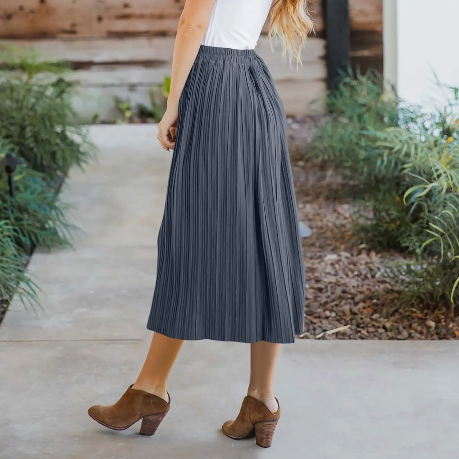 Women's Elastic High Waist Pleated A-Line Midi Skirts Dressy Casual Trendy Button Down Business Work Long Skirt