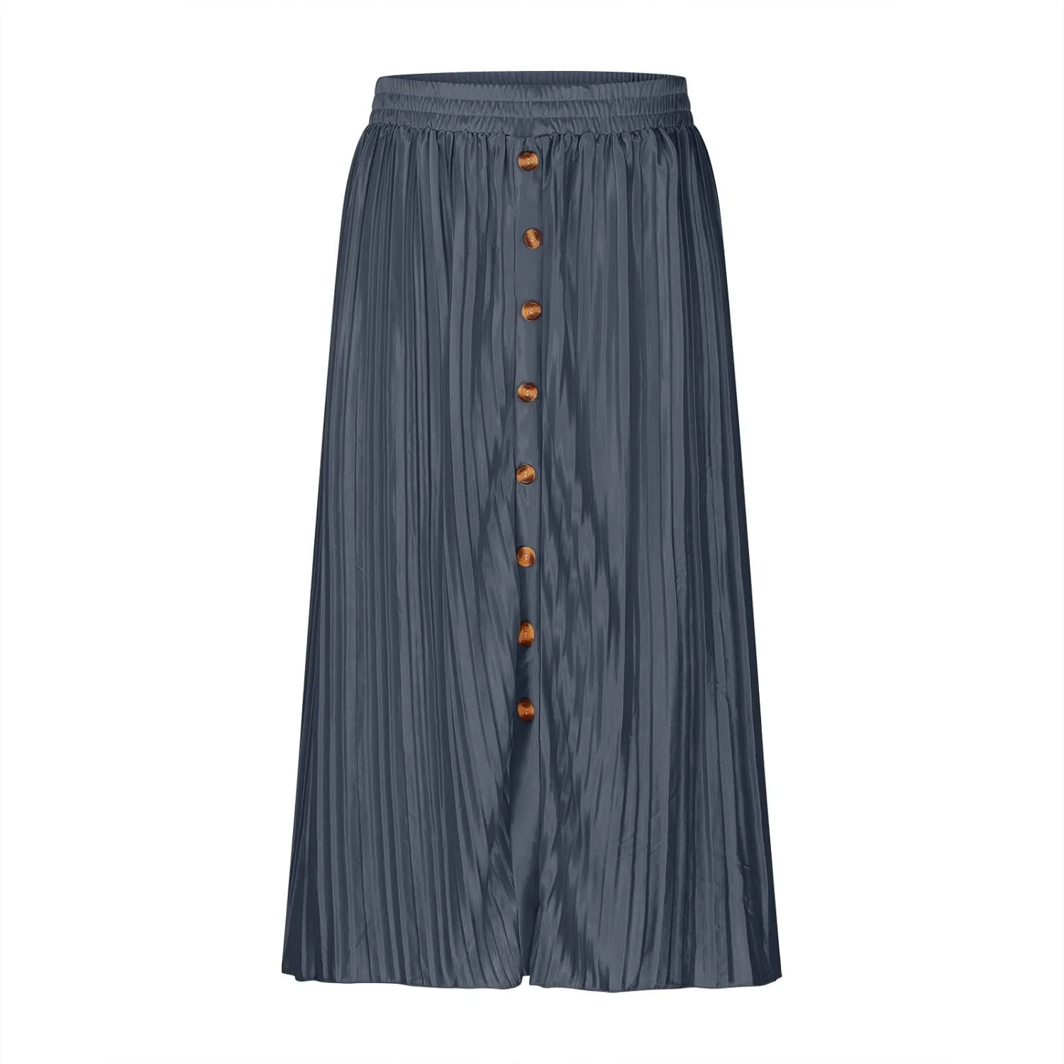 Women's Elastic High Waist Pleated A-Line Midi Skirts Dressy Casual Trendy Button Down Business Work Long Skirt