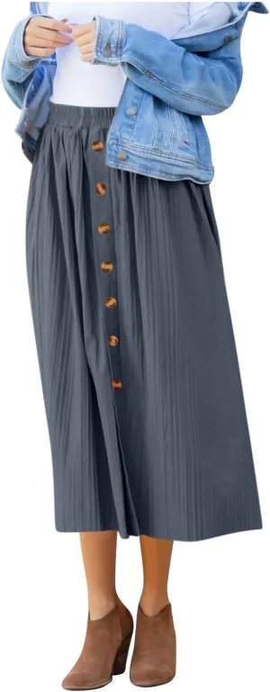 Women's Elastic High Waist Pleated A-Line Midi Skirts Dressy Casual Trendy Button Down Business Work Long Skirt