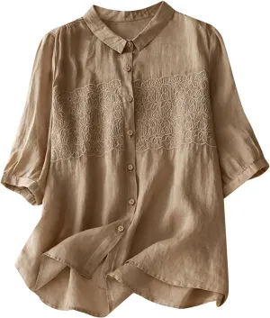 Women's Elbow Sleeve Button Down Cotton Linen Tops Shirts Simple Solid Color Collared Blouses Casual Loose T Shirt