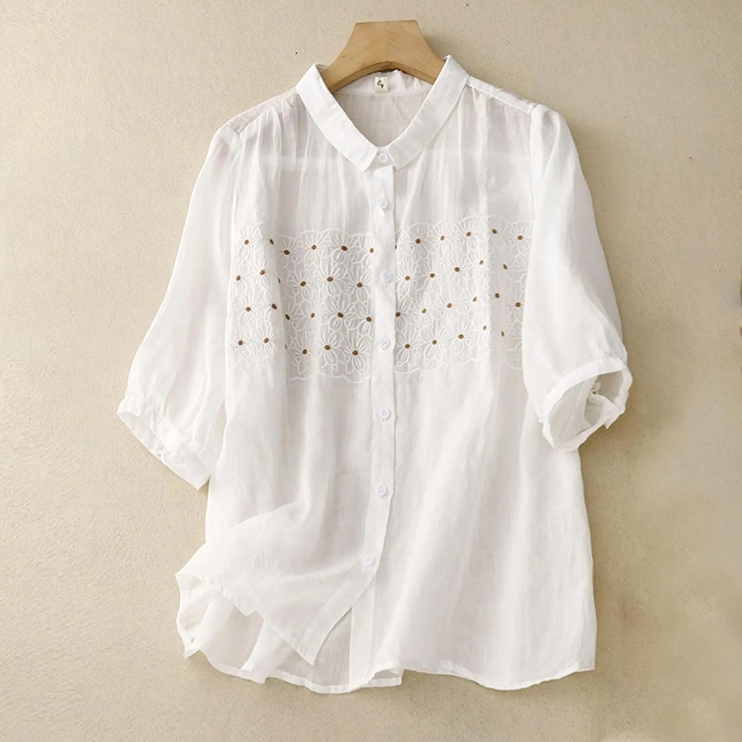 Women's Elbow Sleeve Button Down Cotton Linen Tops Shirts Simple Solid Color Collared Blouses Casual Loose T Shirt
