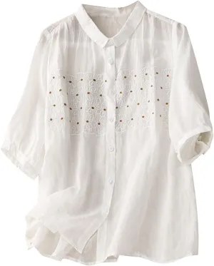 Women's Elbow Sleeve Button Down Cotton Linen Tops Shirts Simple Solid Color Collared Blouses Casual Loose T Shirt