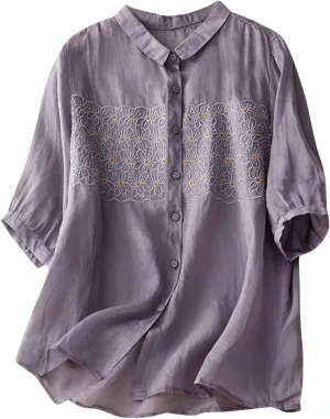 Women's Elbow Sleeve Button Down Cotton Linen Tops Shirts Simple Solid Color Collared Blouses Casual Loose T Shirt