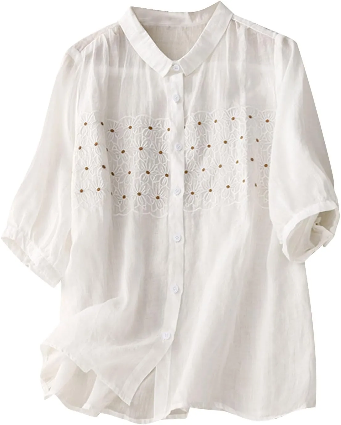 Women's Elbow Sleeve Button Down Cotton Linen Tops Shirts Simple Solid Color Collared Blouses Casual Loose T Shirt