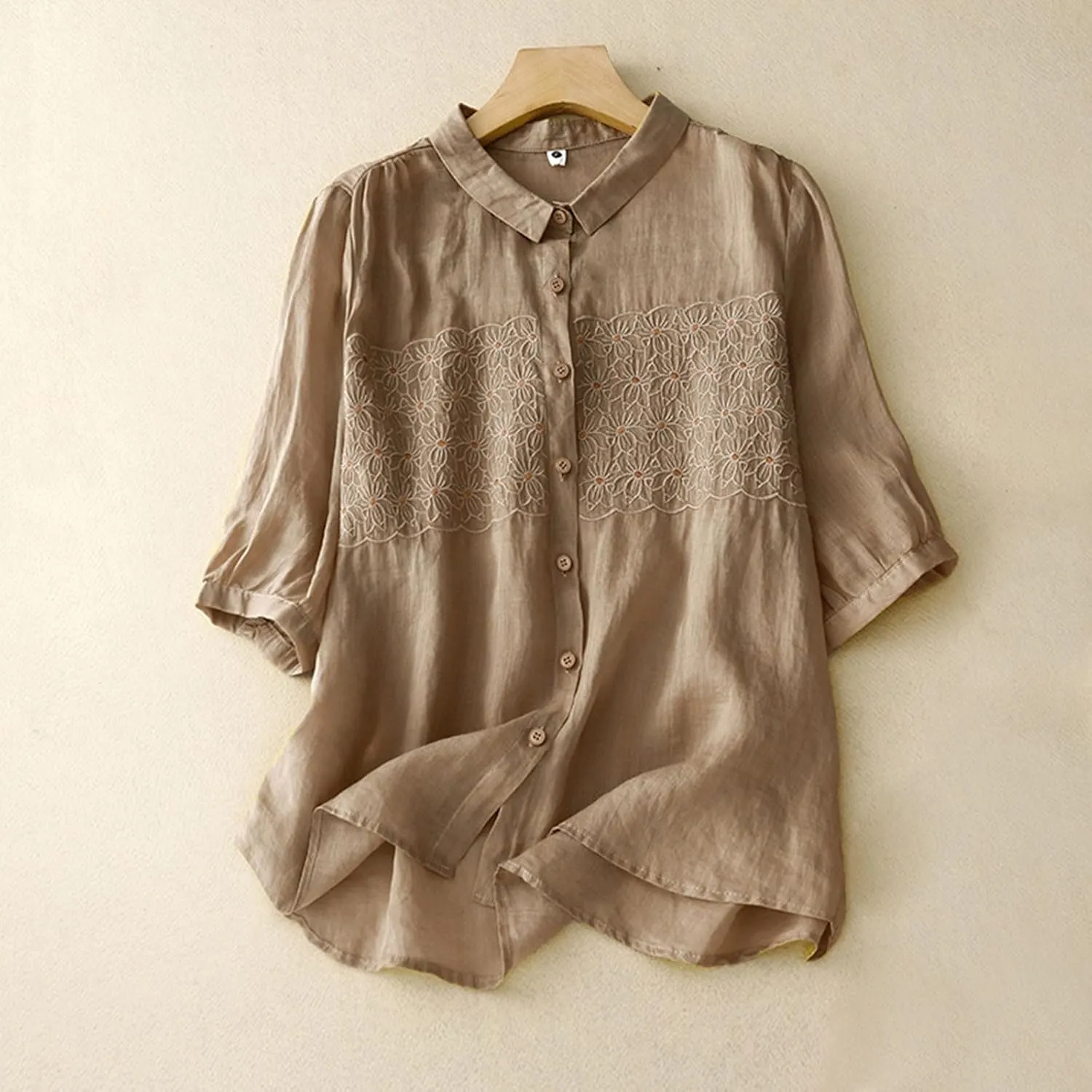 Women's Elbow Sleeve Button Down Cotton Linen Tops Shirts Simple Solid Color Collared Blouses Casual Loose T Shirt