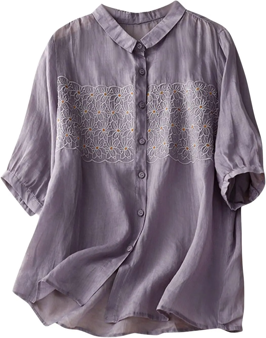 Women's Elbow Sleeve Button Down Cotton Linen Tops Shirts Simple Solid Color Collared Blouses Casual Loose T Shirt