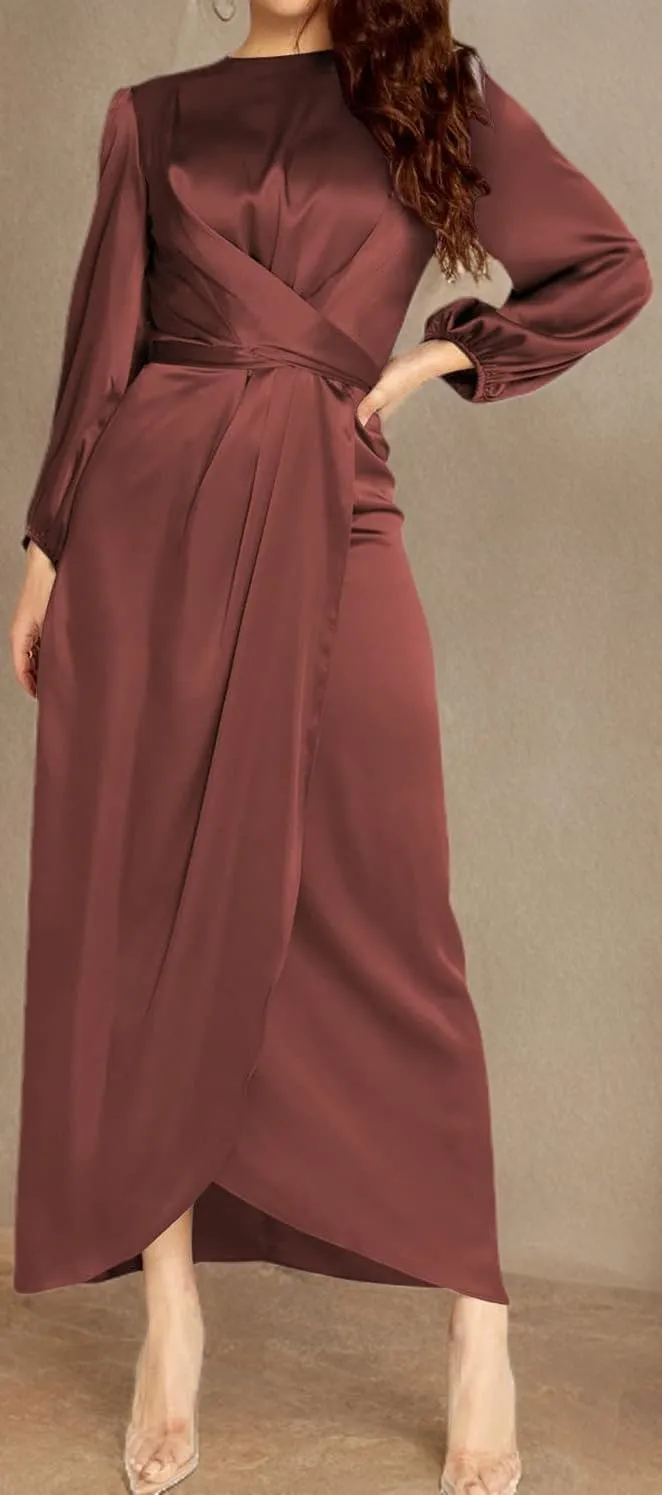 Women's Elegant Empire Waist Long Sleeve Satin Maxi Dress