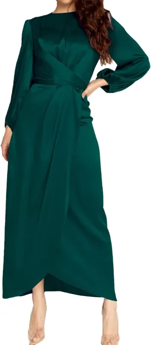 Women's Elegant Empire Waist Long Sleeve Satin Maxi Dress