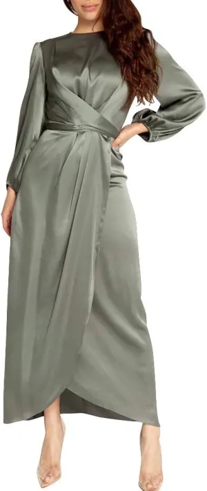 Women's Elegant Empire Waist Long Sleeve Satin Maxi Dress