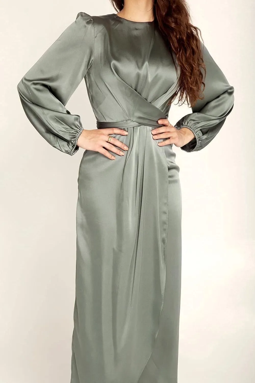 Women's Elegant Empire Waist Long Sleeve Satin Maxi Dress