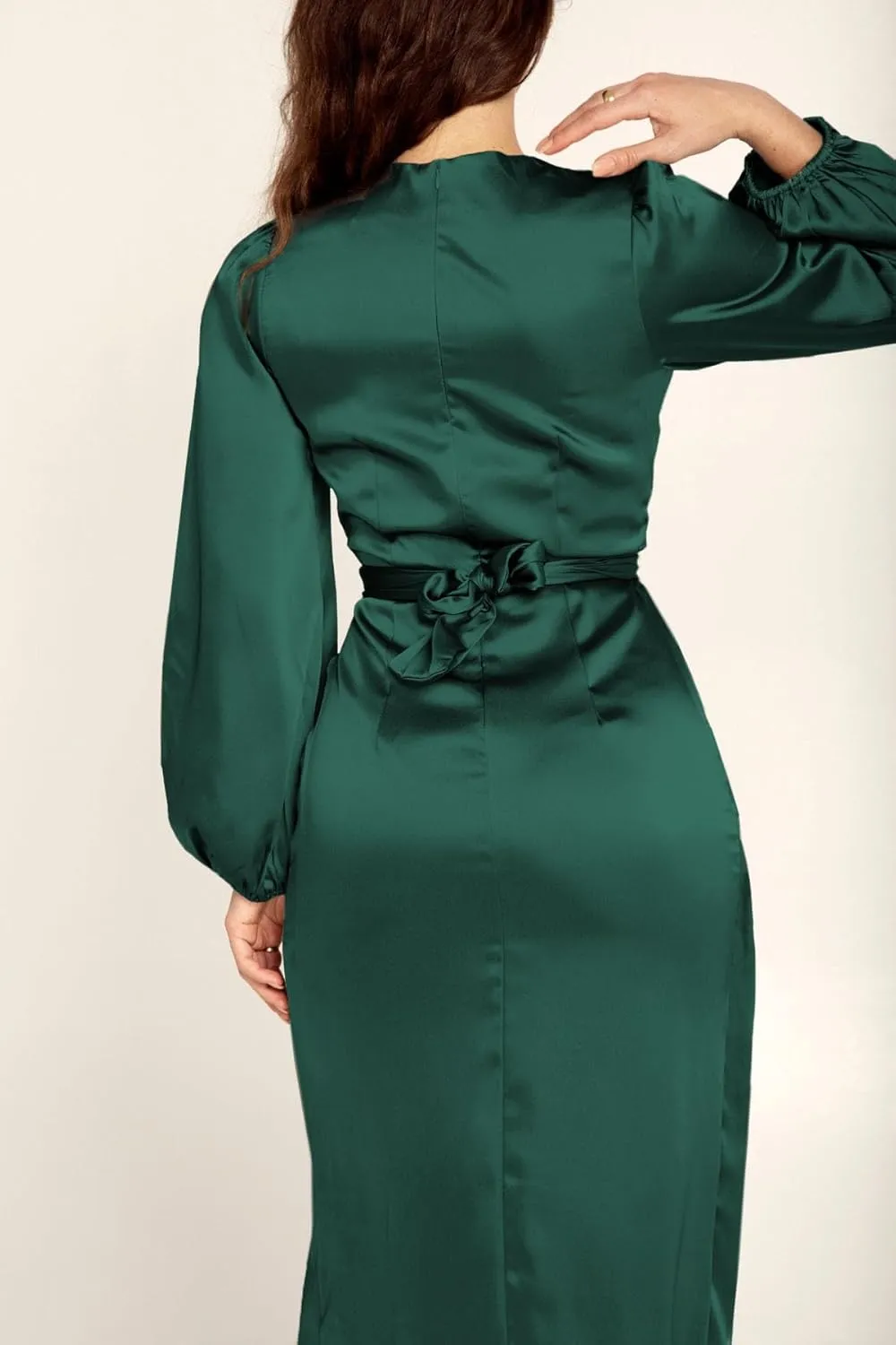 Women's Elegant Empire Waist Long Sleeve Satin Maxi Dress