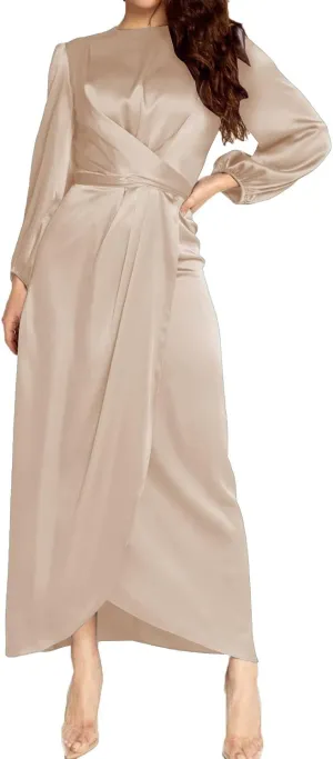 Women's Elegant Empire Waist Long Sleeve Satin Maxi Dress