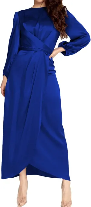 Women's Elegant Empire Waist Long Sleeve Satin Maxi Dress