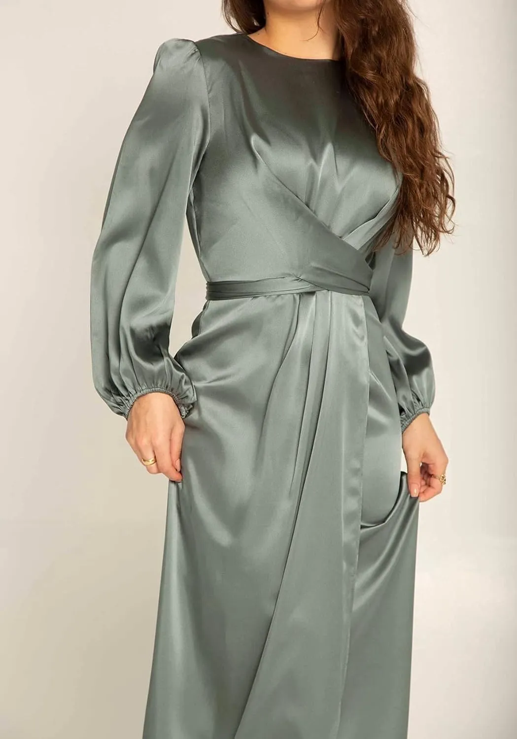 Women's Elegant Empire Waist Long Sleeve Satin Maxi Dress