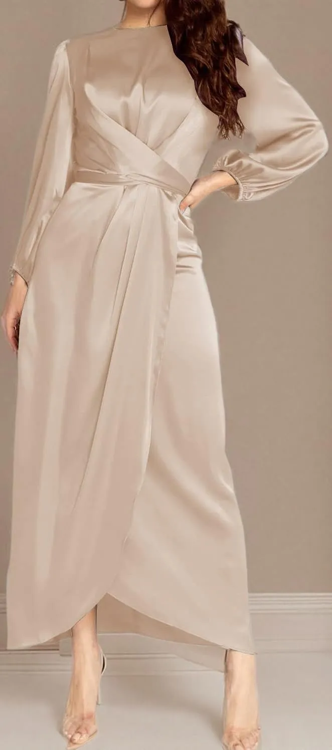 Women's Elegant Empire Waist Long Sleeve Satin Maxi Dress