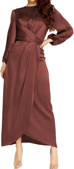 Women's Elegant Empire Waist Long Sleeve Satin Maxi Dress