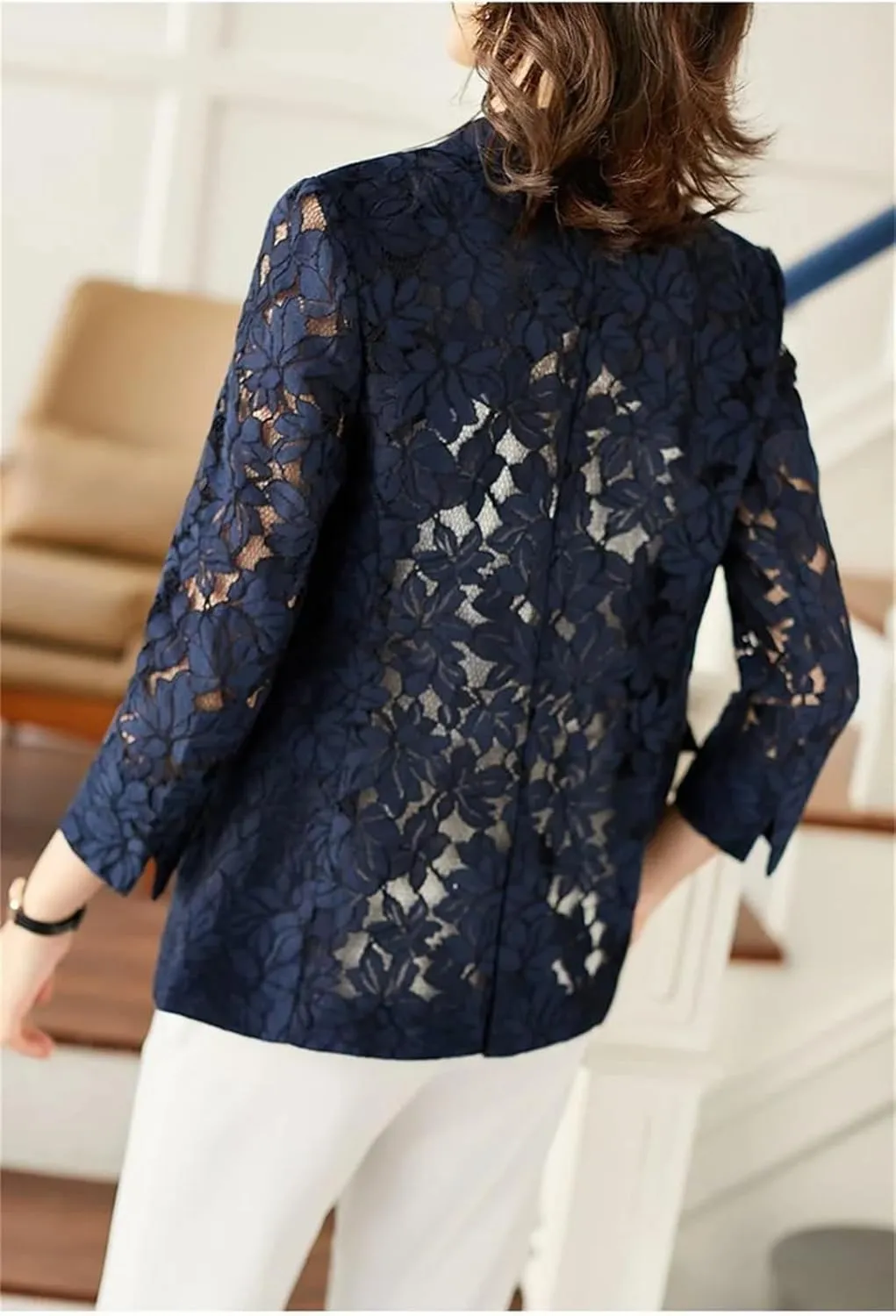 Women's Elegant Lace Suit Jacket Summer Temperament Sunscreen Hollow Blue Ladies Blazer