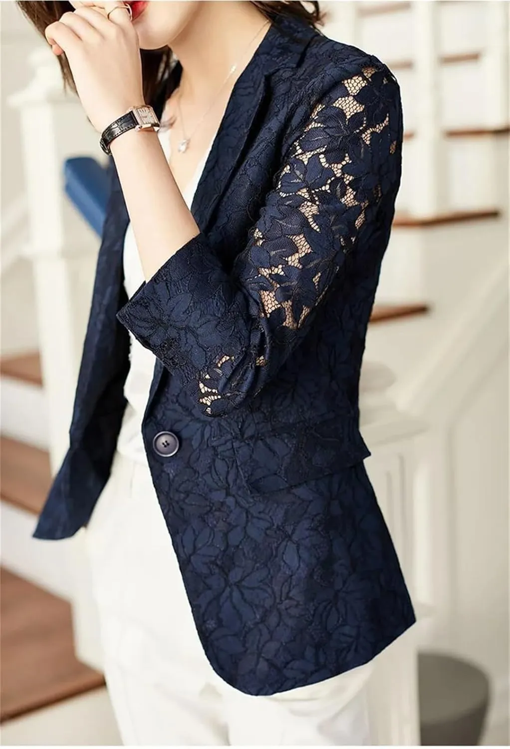 Women's Elegant Lace Suit Jacket Summer Temperament Sunscreen Hollow Blue Ladies Blazer