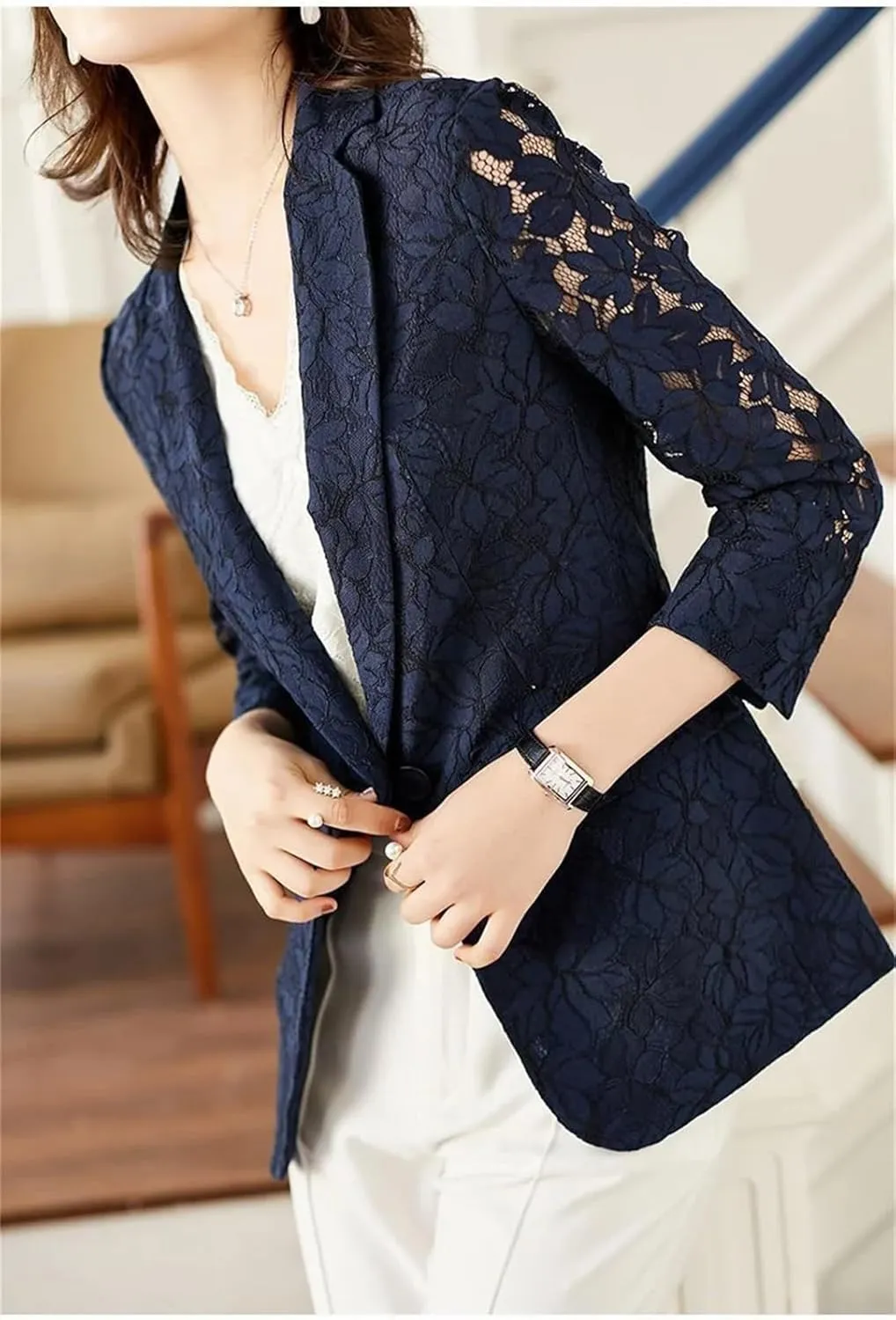 Women's Elegant Lace Suit Jacket Summer Temperament Sunscreen Hollow Blue Ladies Blazer