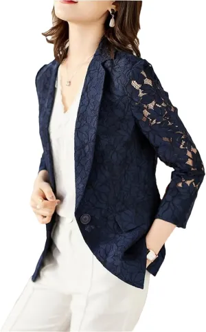 Women's Elegant Lace Suit Jacket Summer Temperament Sunscreen Hollow Blue Ladies Blazer