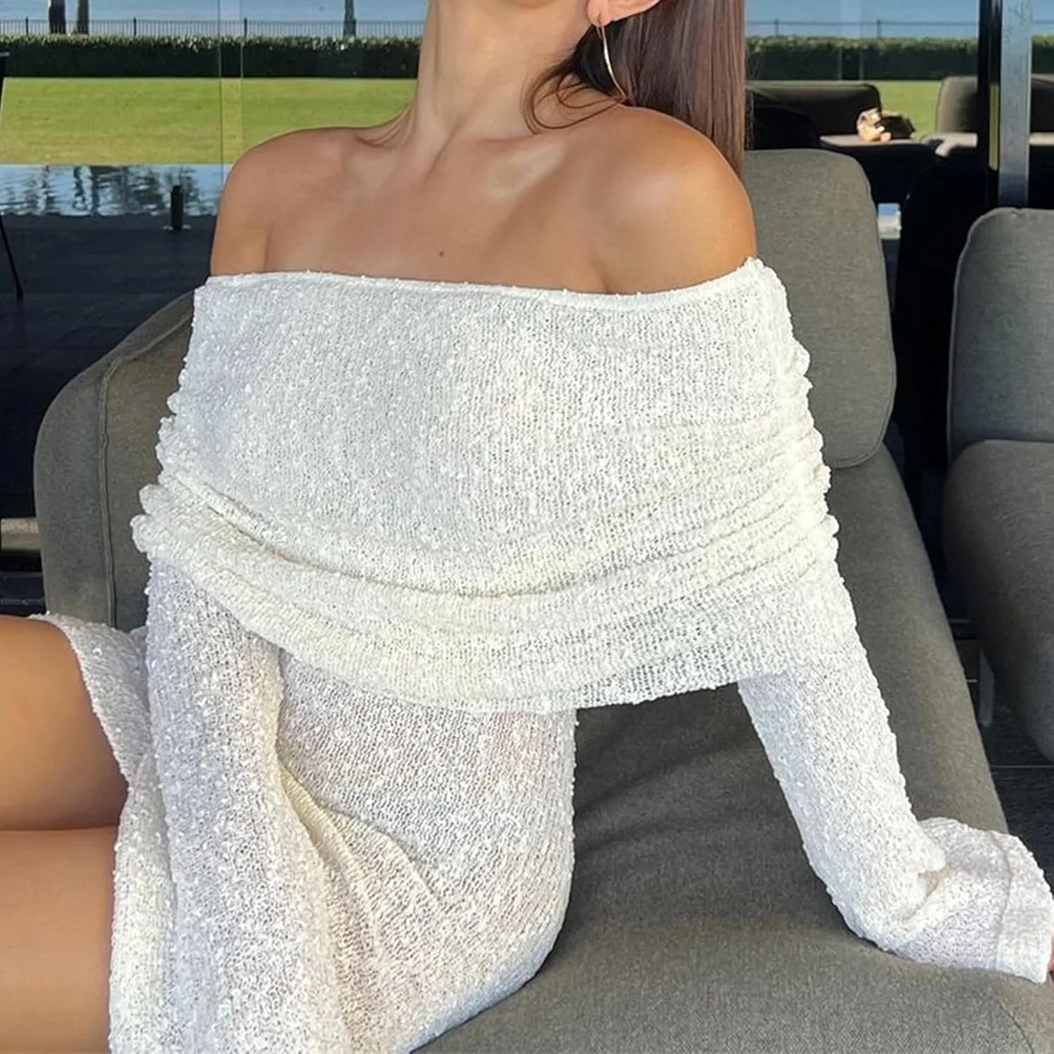 Womens Elegant Off The Shoulder Knit Sweater Dress Sheer Flare Long Sleeve Cute Mini Dress