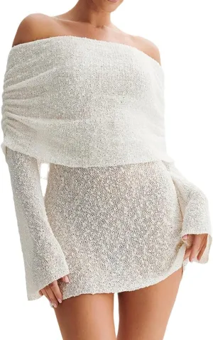 Womens Elegant Off The Shoulder Knit Sweater Dress Sheer Flare Long Sleeve Cute Mini Dress