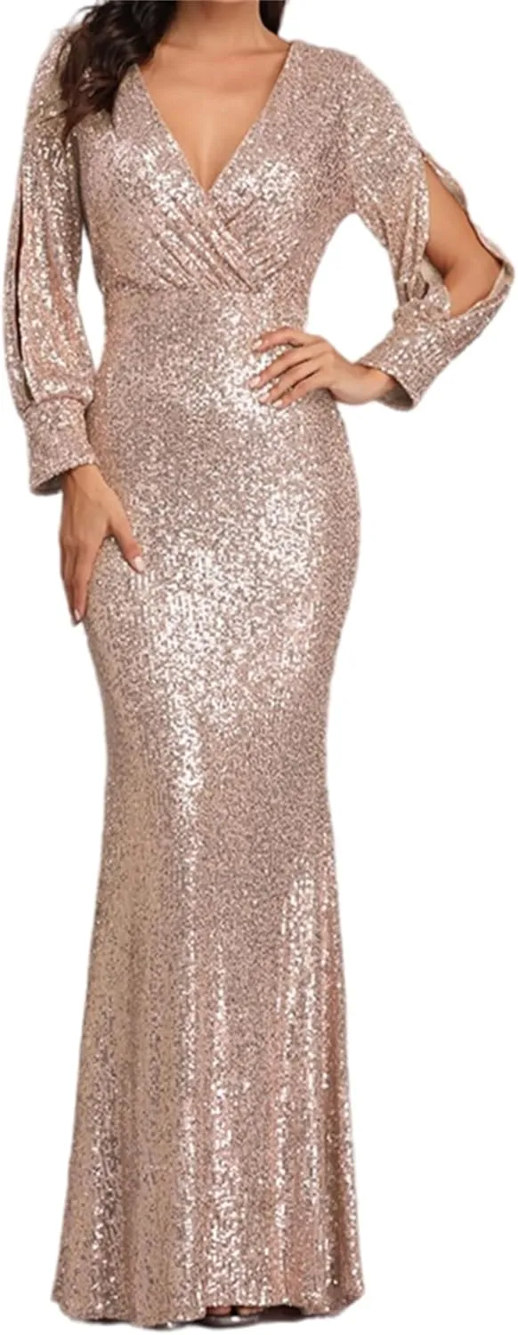 Womens Elegant Spring Dresses Trendy Long Sleeve Split Maxi Dresses Sequin Dress Wedding Guest Dress Cocktail Dress