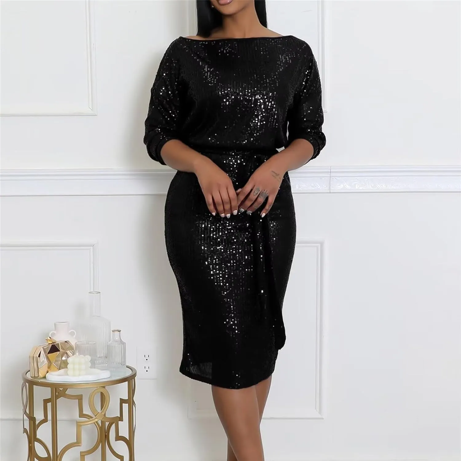 Womens Elegant Spring Dresses Trendy Long Sleeve Split Maxi Dresses Sequin Dress Wedding Guest Dress Cocktail Dress
