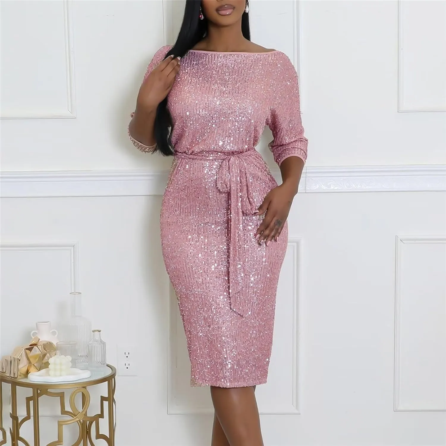 Womens Elegant Spring Dresses Trendy Long Sleeve Split Maxi Dresses Sequin Dress Wedding Guest Dress Cocktail Dress