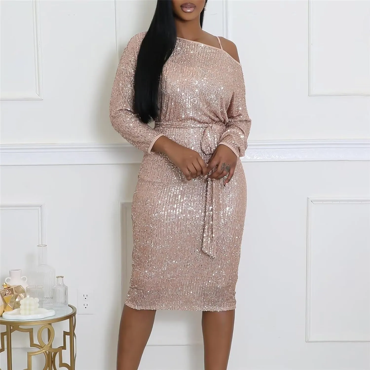 Womens Elegant Spring Dresses Trendy Long Sleeve Split Maxi Dresses Sequin Dress Wedding Guest Dress Cocktail Dress