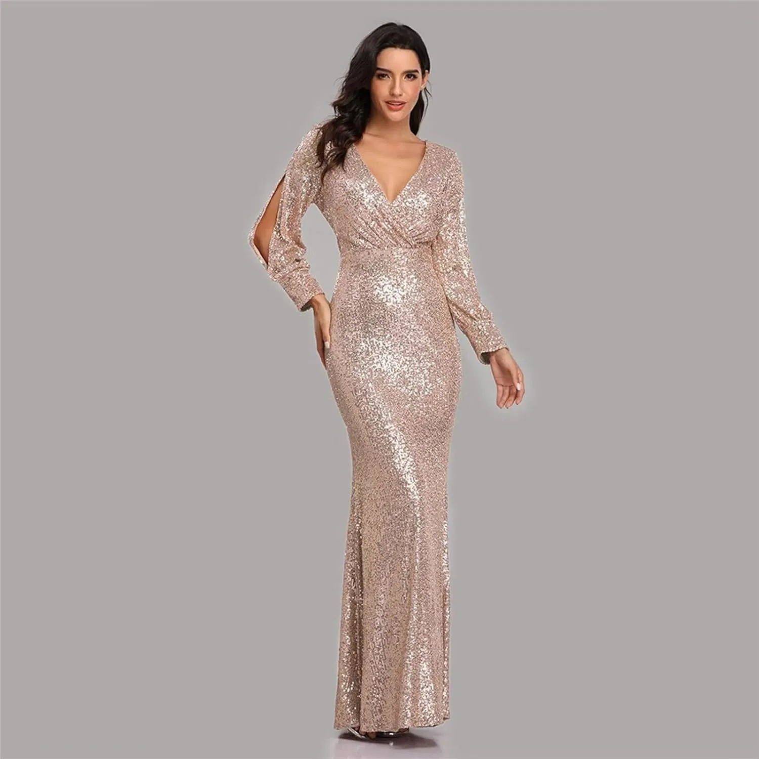 Womens Elegant Spring Dresses Trendy Long Sleeve Split Maxi Dresses Sequin Dress Wedding Guest Dress Cocktail Dress