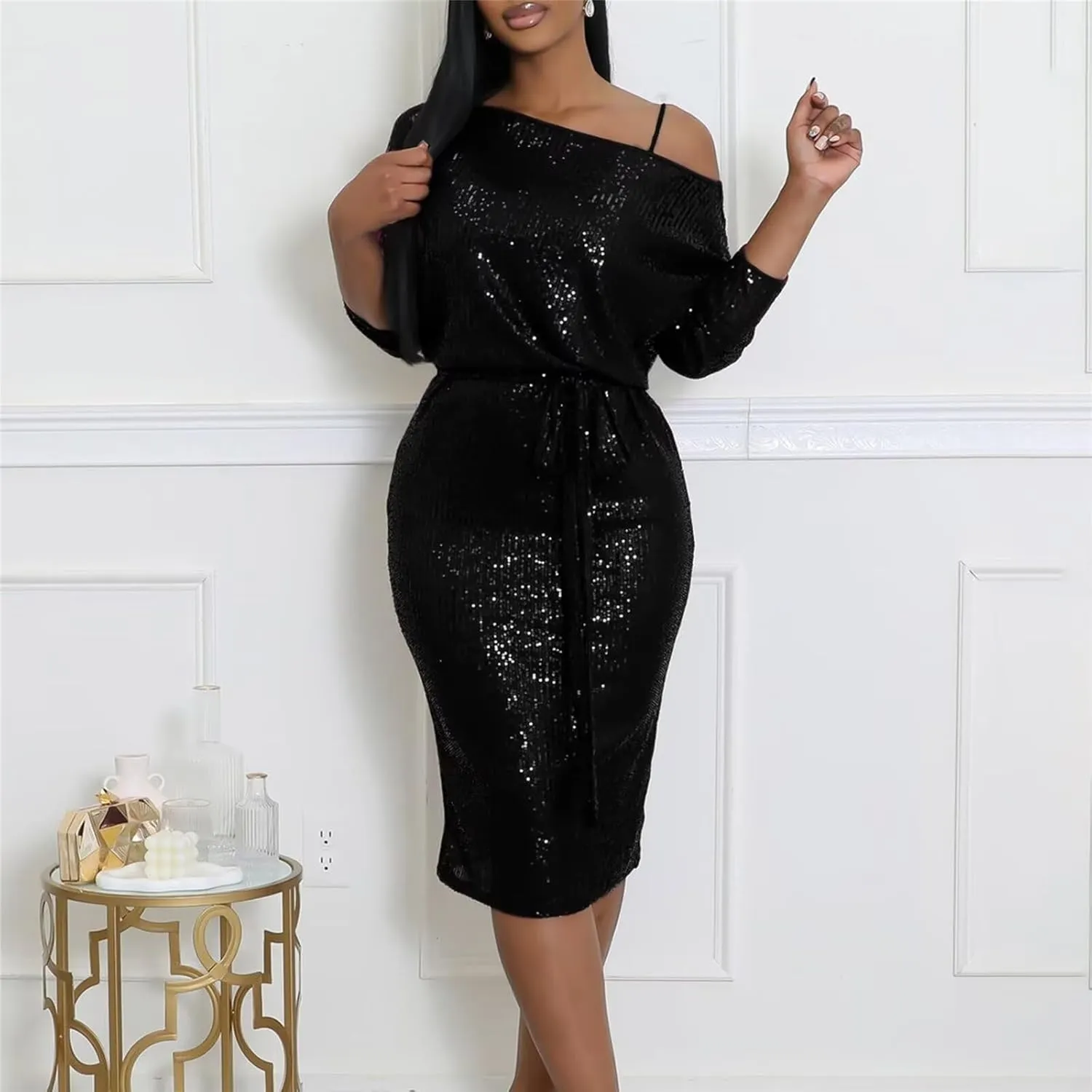 Womens Elegant Spring Dresses Trendy Long Sleeve Split Maxi Dresses Sequin Dress Wedding Guest Dress Cocktail Dress