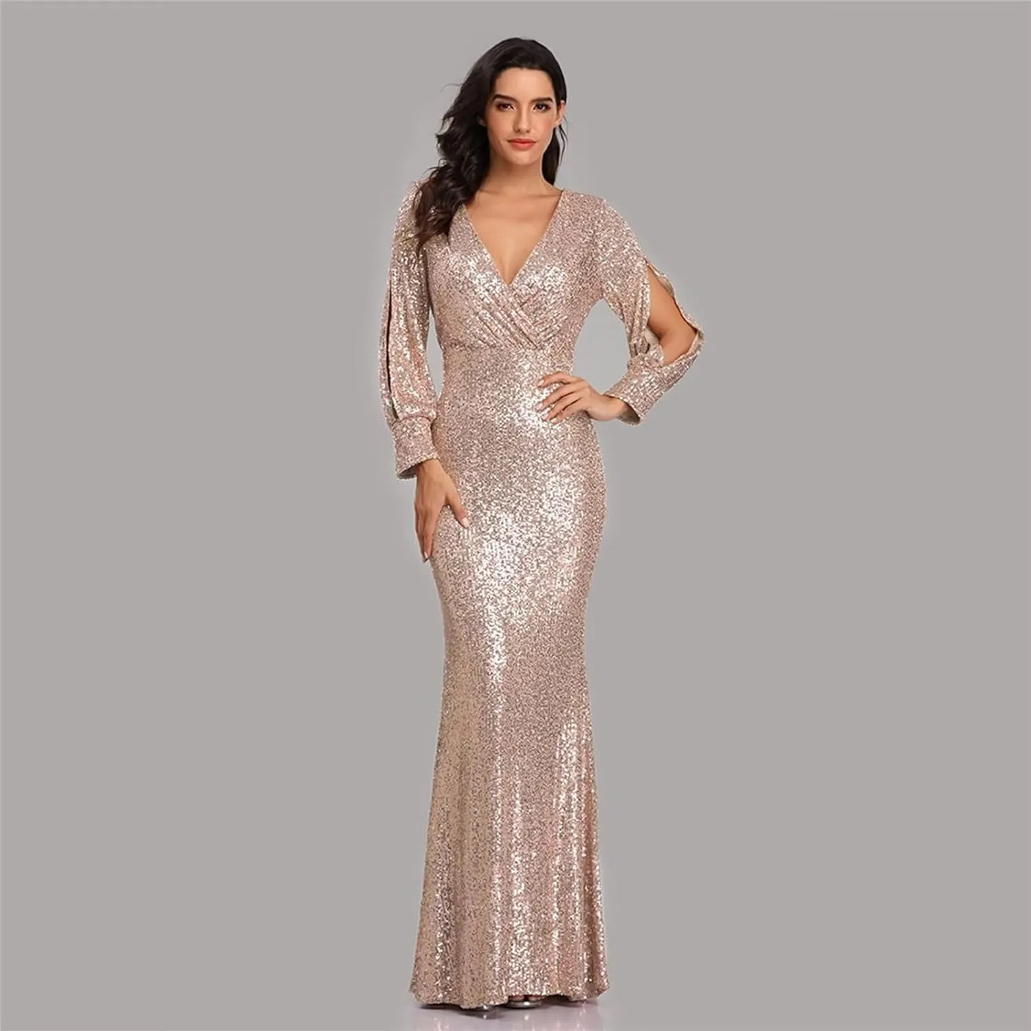 Womens Elegant Spring Dresses Trendy Long Sleeve Split Maxi Dresses Sequin Dress Wedding Guest Dress Cocktail Dress