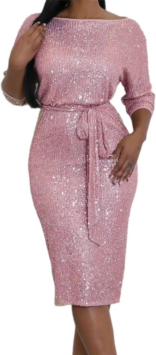 Womens Elegant Spring Dresses Trendy Long Sleeve Split Maxi Dresses Sequin Dress Wedding Guest Dress Cocktail Dress