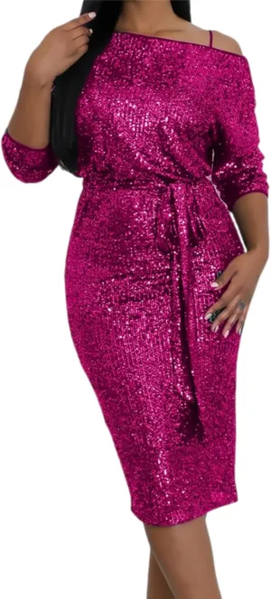 Womens Elegant Spring Dresses Trendy Long Sleeve Split Maxi Dresses Sequin Dress Wedding Guest Dress Cocktail Dress