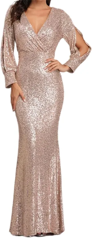 Womens Elegant Spring Dresses Trendy Long Sleeve Split Maxi Dresses Sequin Dress Wedding Guest Dress Cocktail Dress