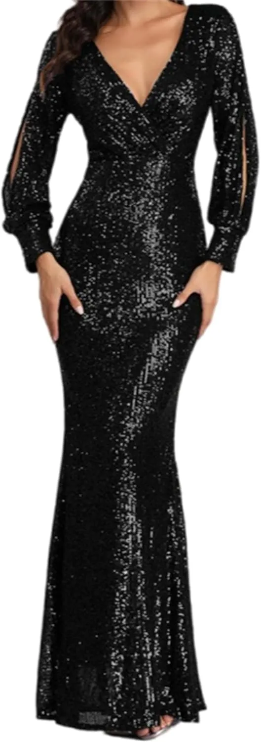 Womens Elegant Spring Dresses Trendy Long Sleeve Split Maxi Dresses Sequin Dress Wedding Guest Dress Cocktail Dress