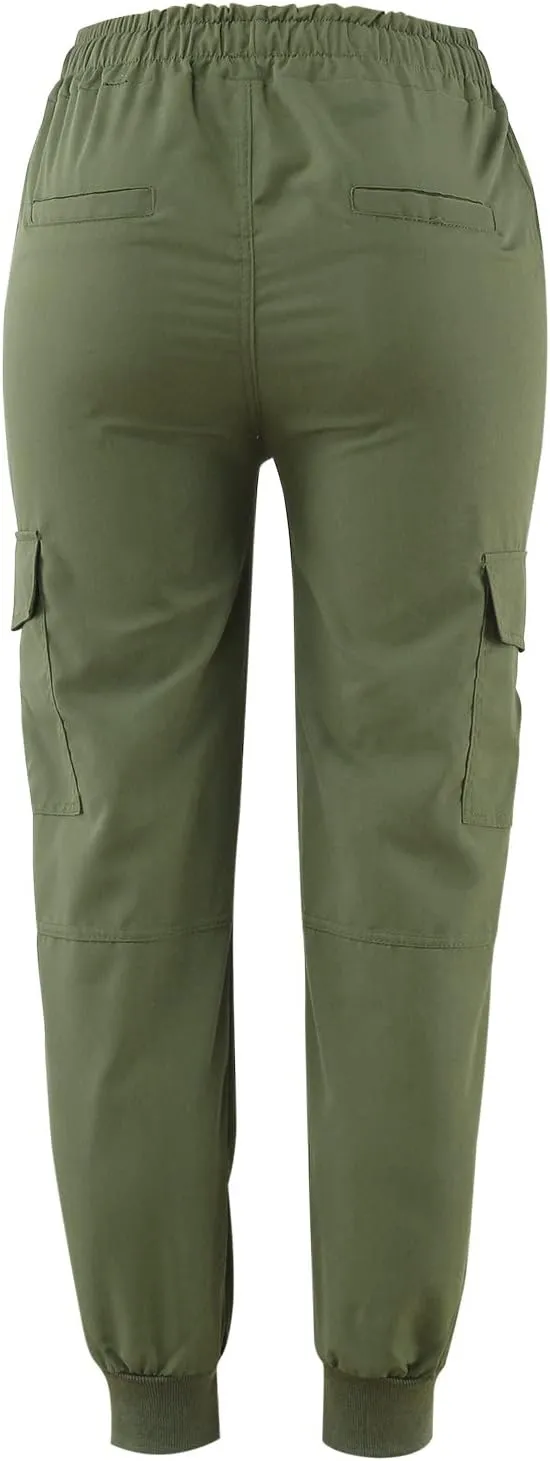 Womens Fashion Cargo Pants Drawstring Elastic Waist Cinched Bottom Trousers Loose Fit Jogger Hiking Pants with Multi Pockets