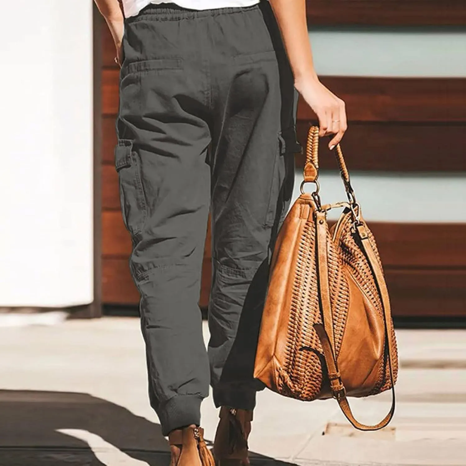 Womens Fashion Cargo Pants Drawstring Elastic Waist Cinched Bottom Trousers Loose Fit Jogger Hiking Pants with Multi Pockets