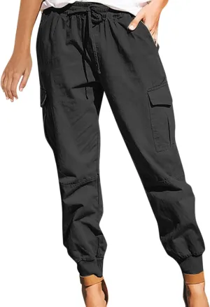 Womens Fashion Cargo Pants Drawstring Elastic Waist Cinched Bottom Trousers Loose Fit Jogger Hiking Pants with Multi Pockets