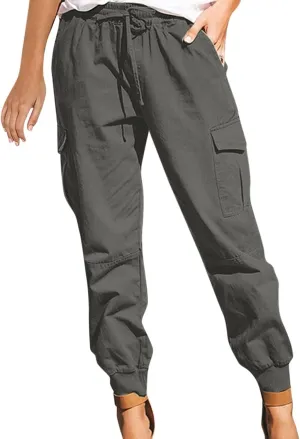 Womens Fashion Cargo Pants Drawstring Elastic Waist Cinched Bottom Trousers Loose Fit Jogger Hiking Pants with Multi Pockets