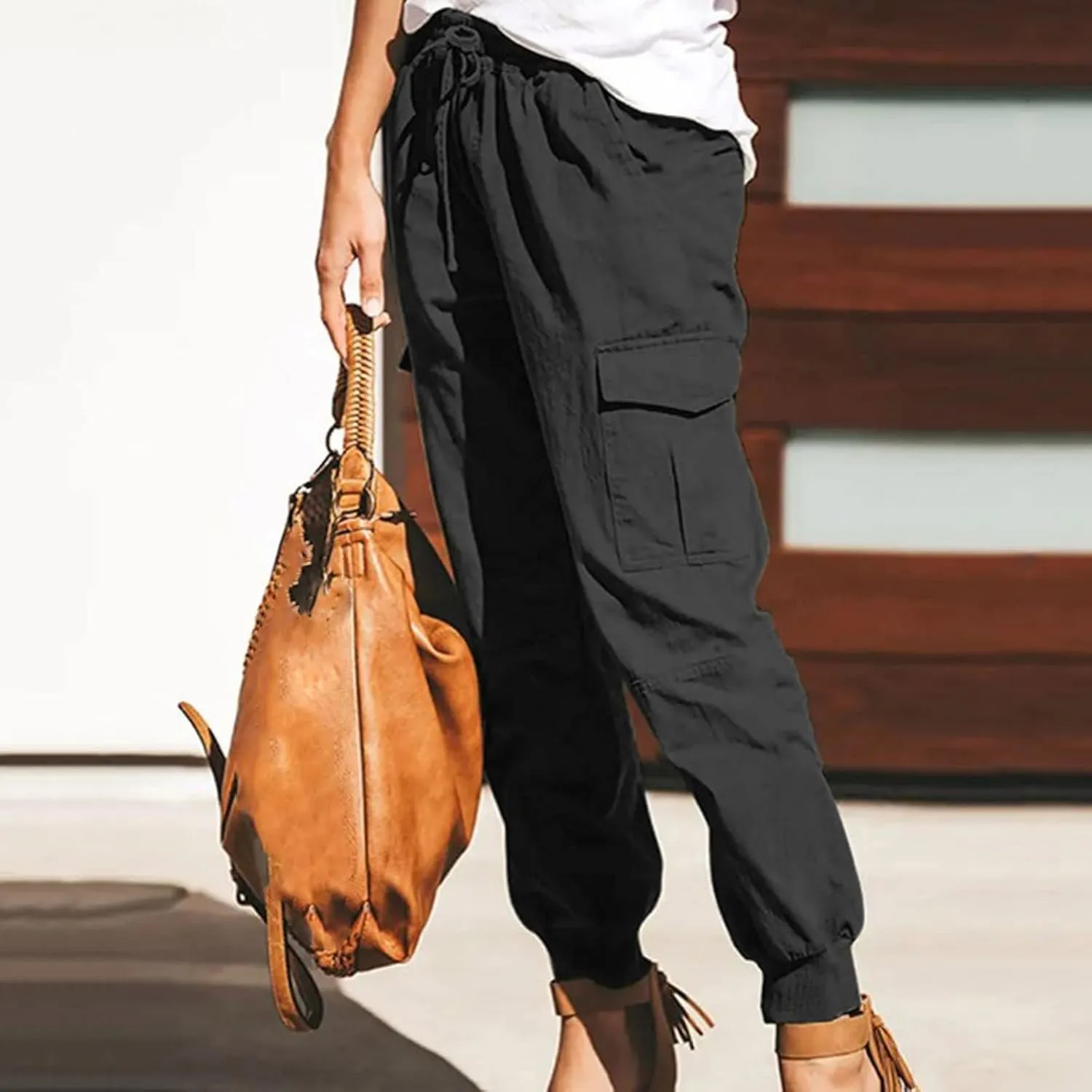 Womens Fashion Cargo Pants Drawstring Elastic Waist Cinched Bottom Trousers Loose Fit Jogger Hiking Pants with Multi Pockets