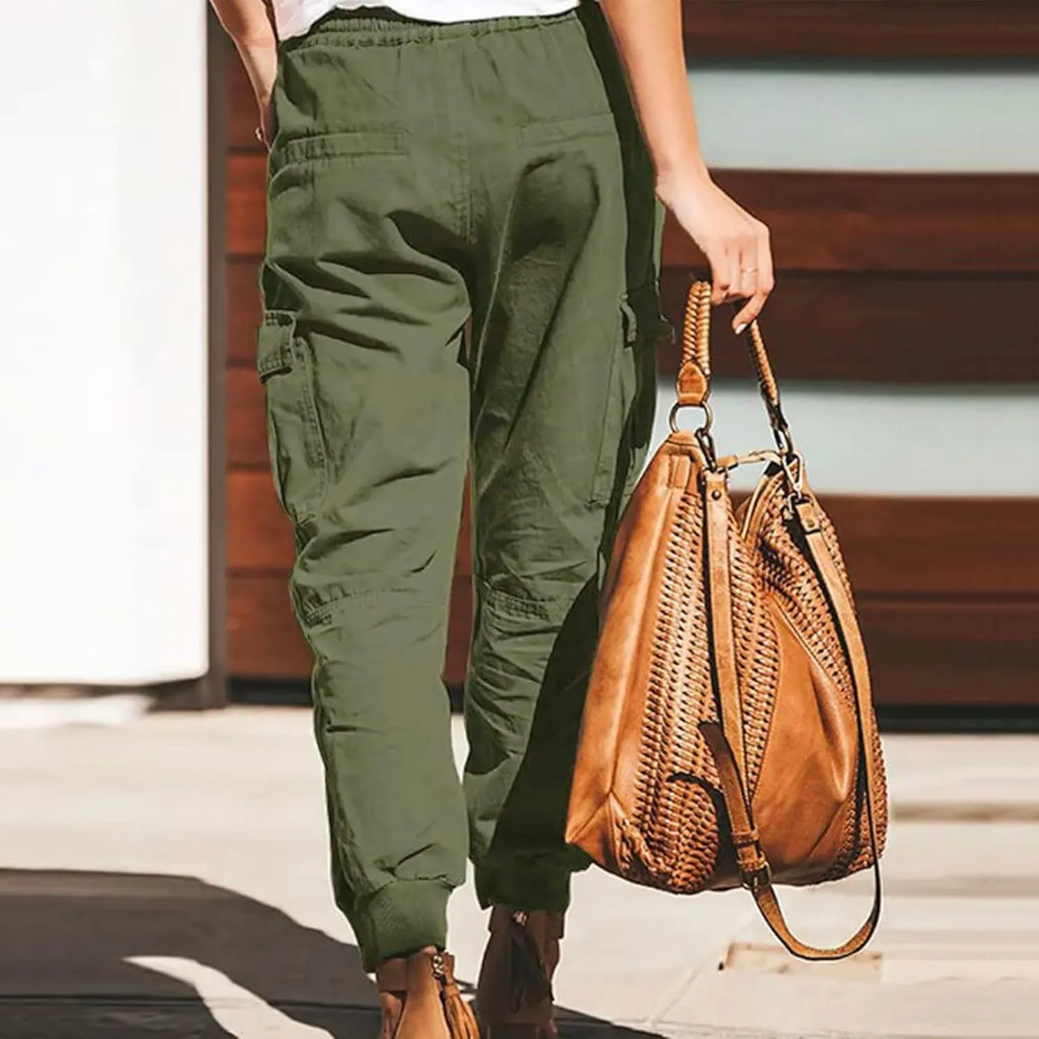 Womens Fashion Cargo Pants Drawstring Elastic Waist Cinched Bottom Trousers Loose Fit Jogger Hiking Pants with Multi Pockets