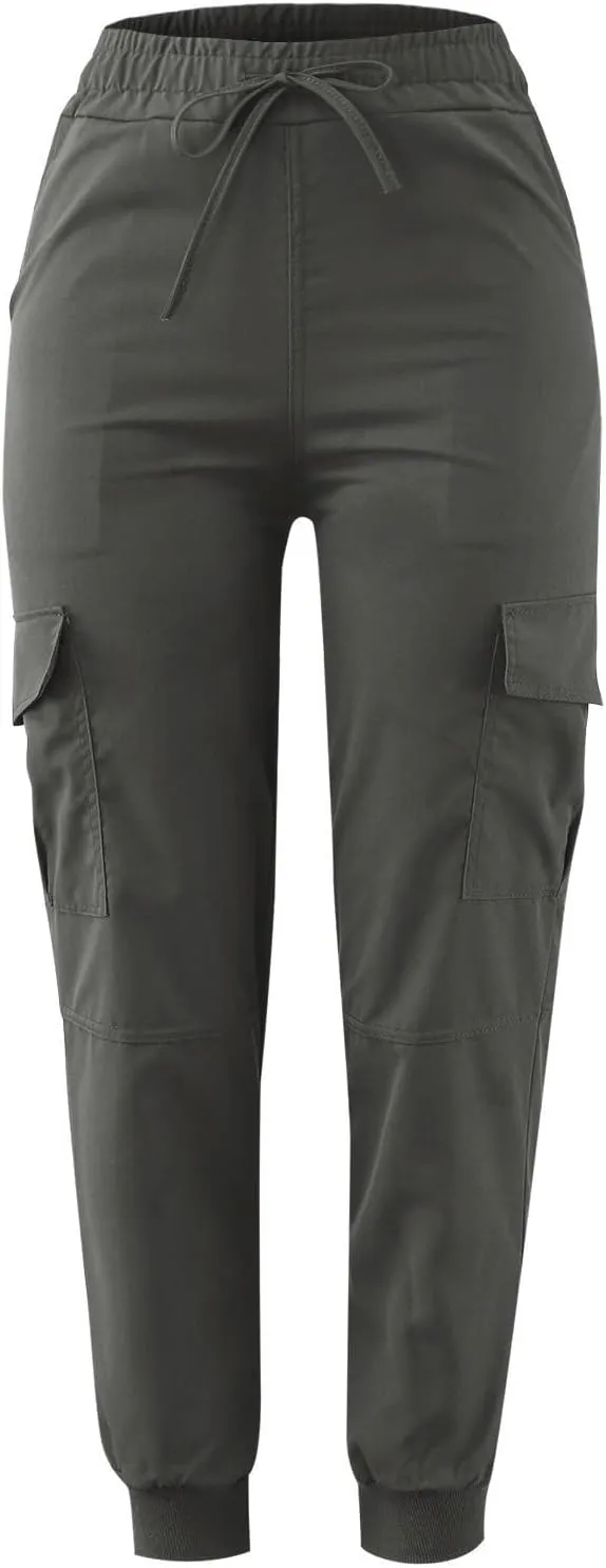Womens Fashion Cargo Pants Drawstring Elastic Waist Cinched Bottom Trousers Loose Fit Jogger Hiking Pants with Multi Pockets