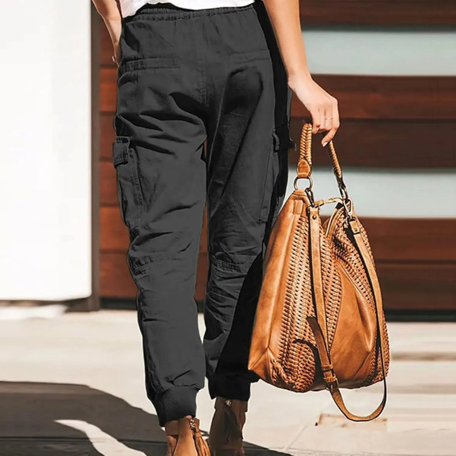 Womens Fashion Cargo Pants Drawstring Elastic Waist Cinched Bottom Trousers Loose Fit Jogger Hiking Pants with Multi Pockets